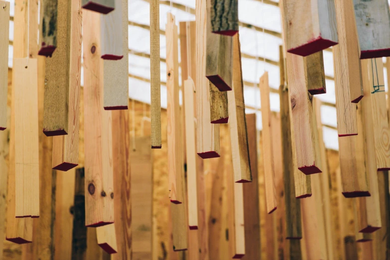 close up of a wooden fence with poles and nails on the wood