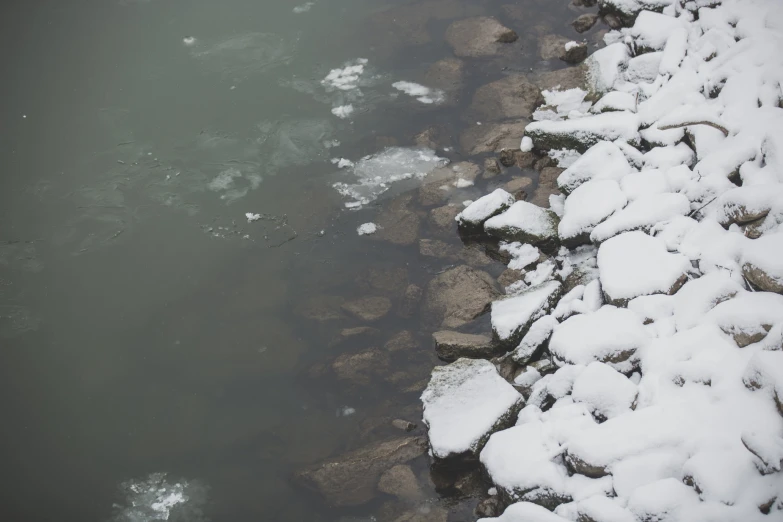 snowy water and rocks are lined by the edge