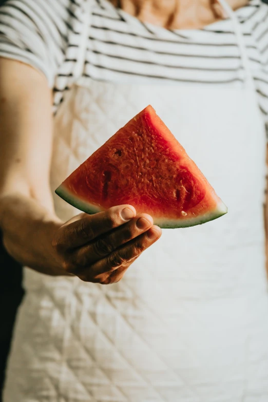 the person holds a slice of watermelon with one piece missing