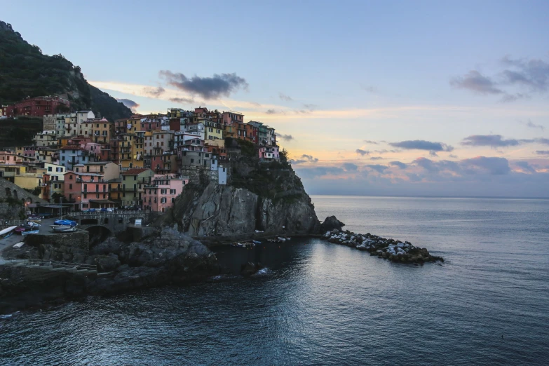 a small island with colorful buildings on it