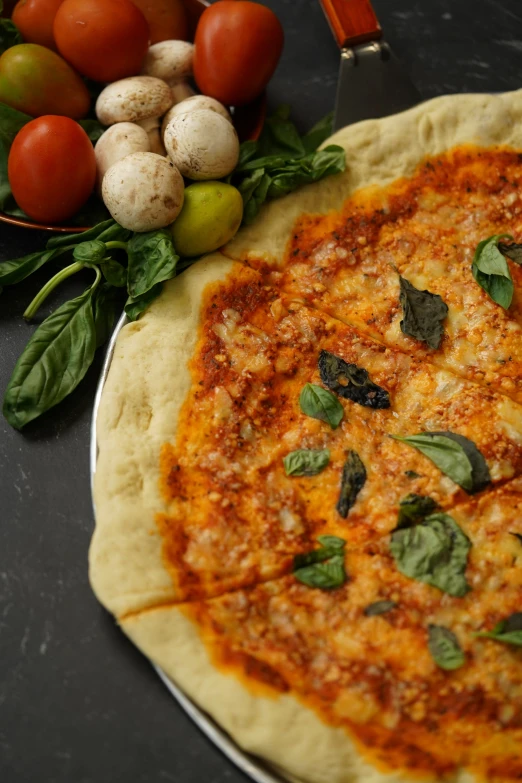 a pizza is shown sitting on top of a counter