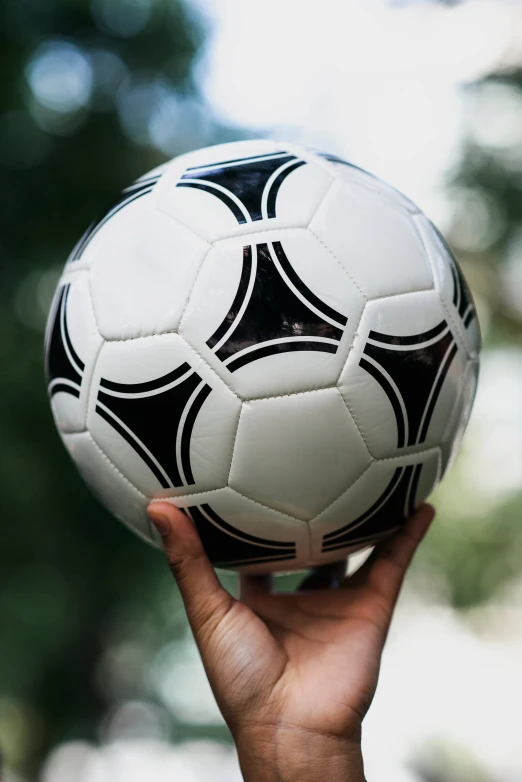 a hand holding a soccer ball with black and white designs