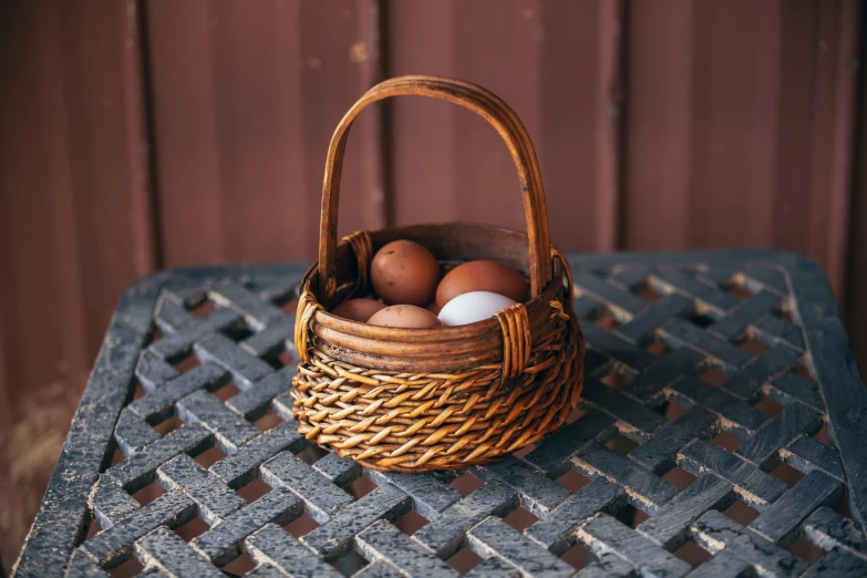 a basket full of brown eggs sitting on top of a table