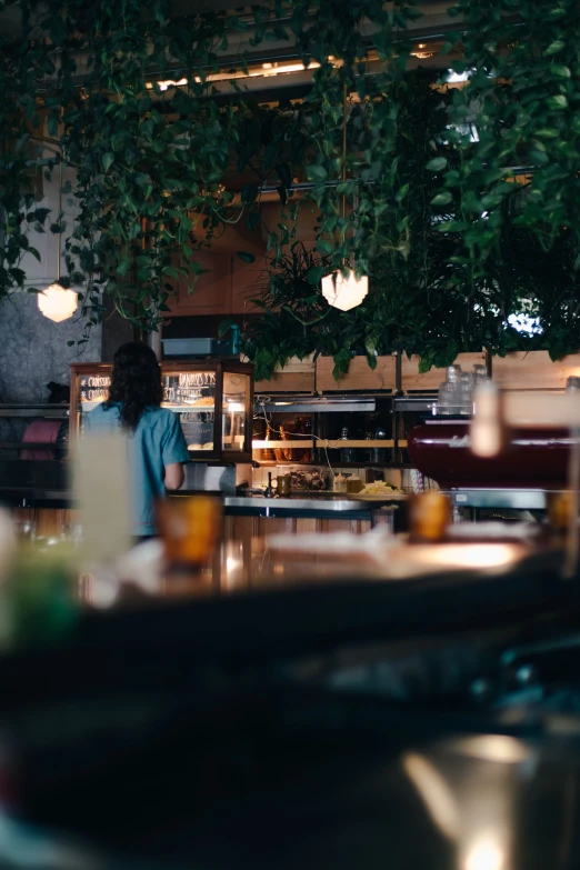 a lady standing behind the counter at a restaurant