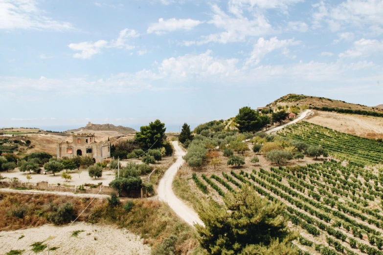 a dirt road going down into a hilly area