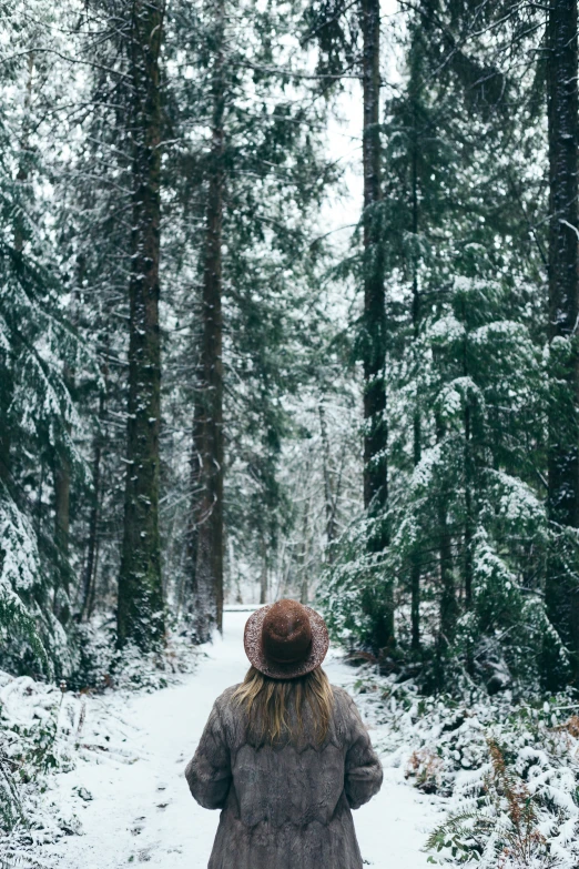 a person with a hat on is walking through the woods