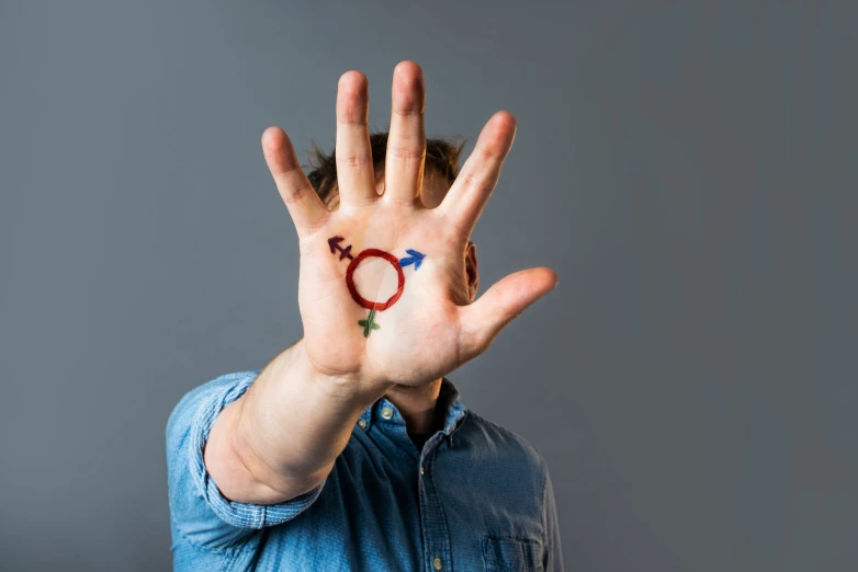 a man's hands with symbols painted on them