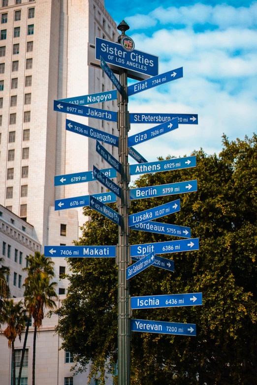 street signs mounted on the top of a pole in front of a building