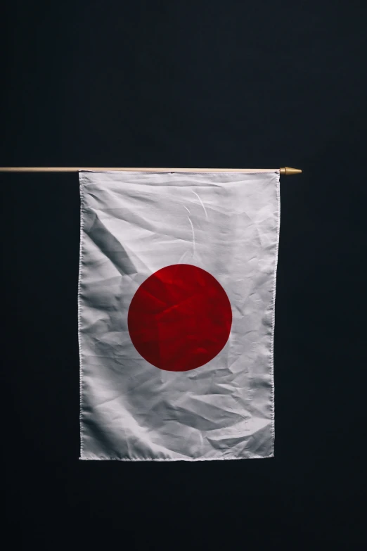 a japanese flag is hanging from a wooden stick