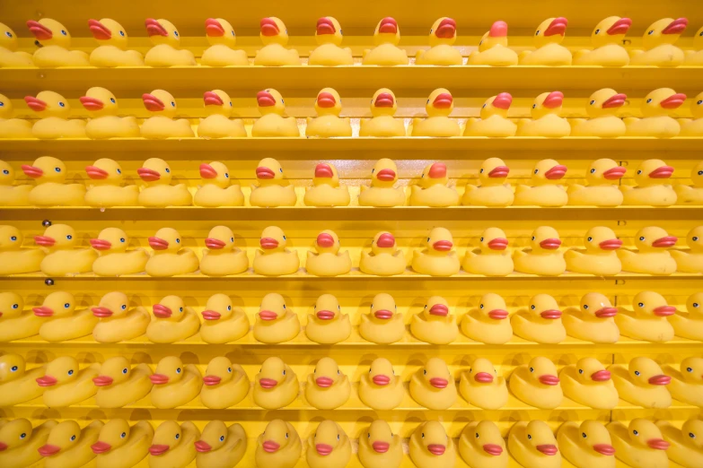 rows and rows of rubber ducks lined up with the colors yellow