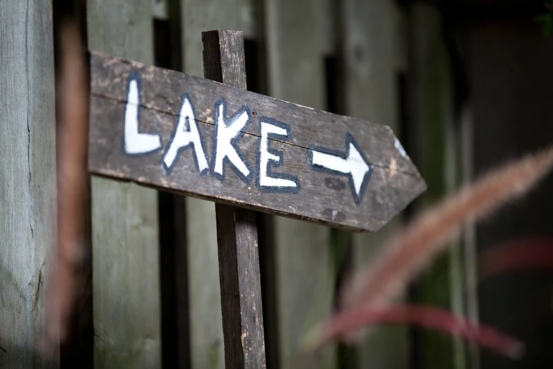 wooden sign pointing to lake with arrow and grass