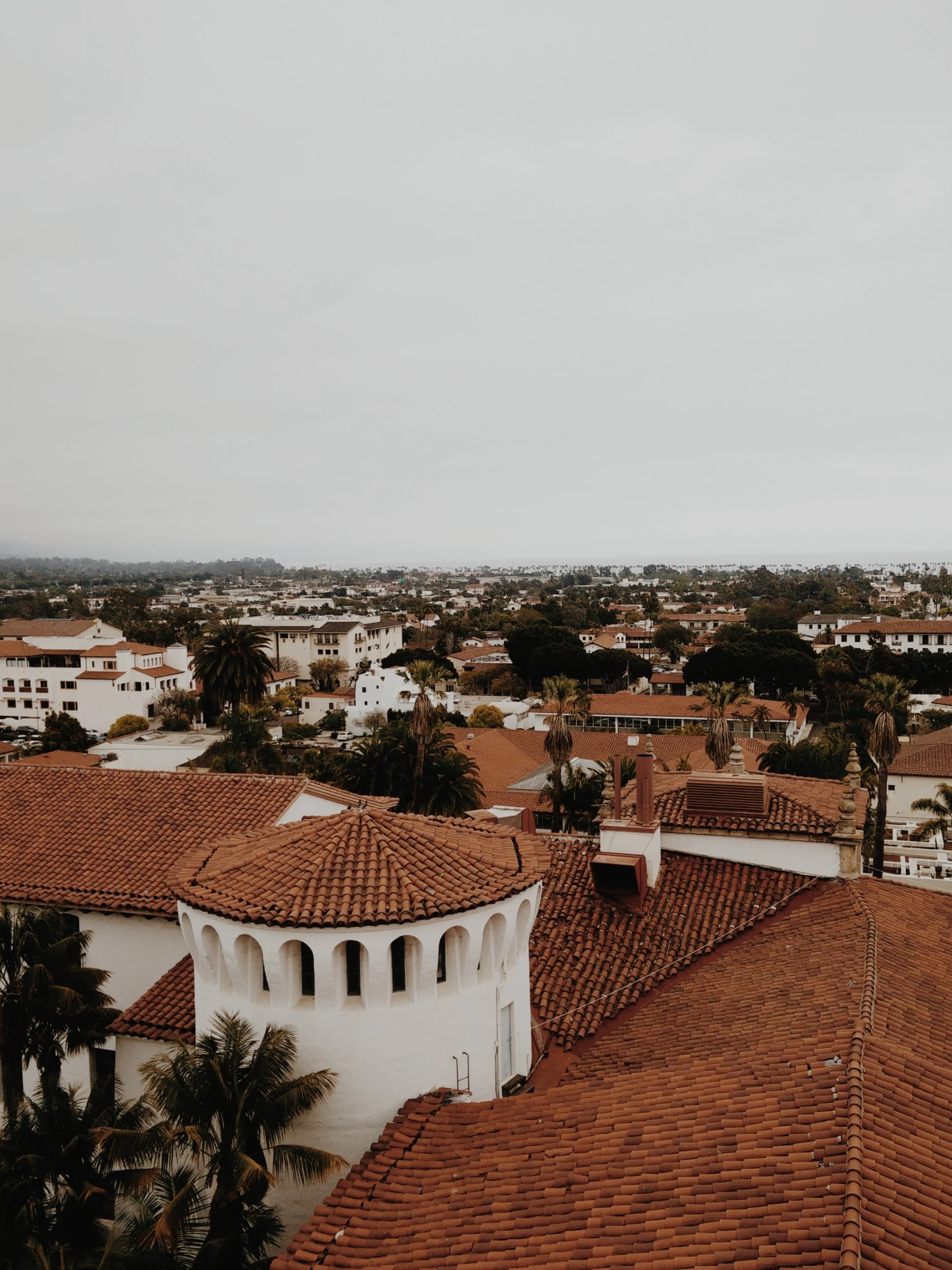 an aerial view of several brown roofs and palm trees