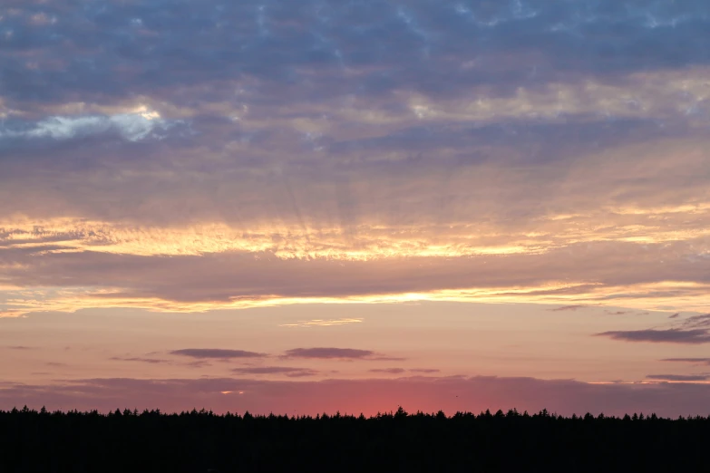 a cloudy sunset with trees behind it