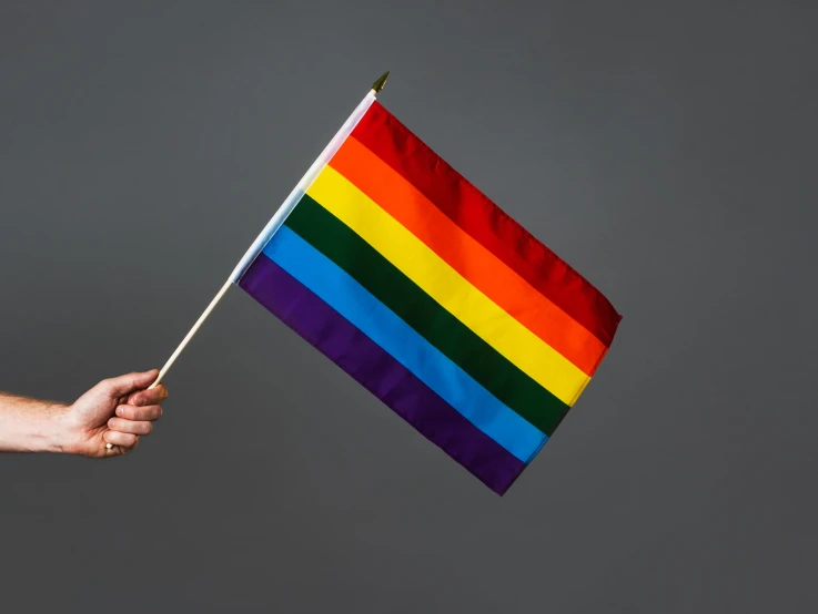 a hand holding the gay pride flag that is hanging in front of a gray background