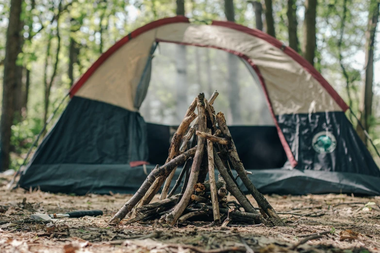 a tent in the woods with a pile of sticks