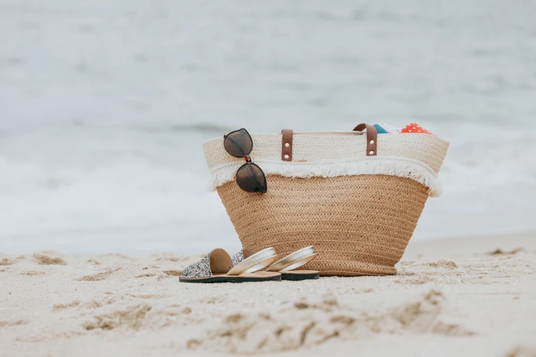 the basket has a pair of flip flops on the beach