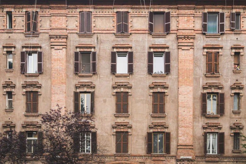 a tall brown building that has windows and some plants