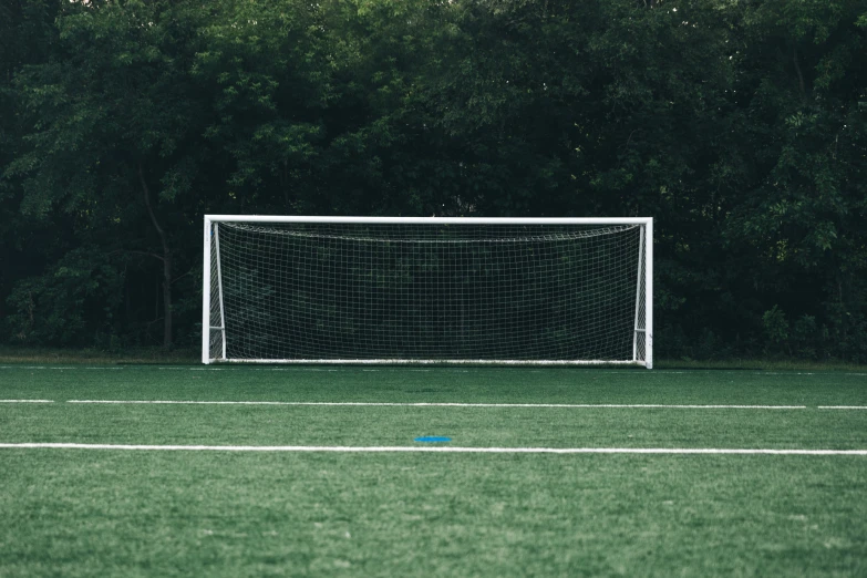 an empty soccer goal on an almost empty grass field