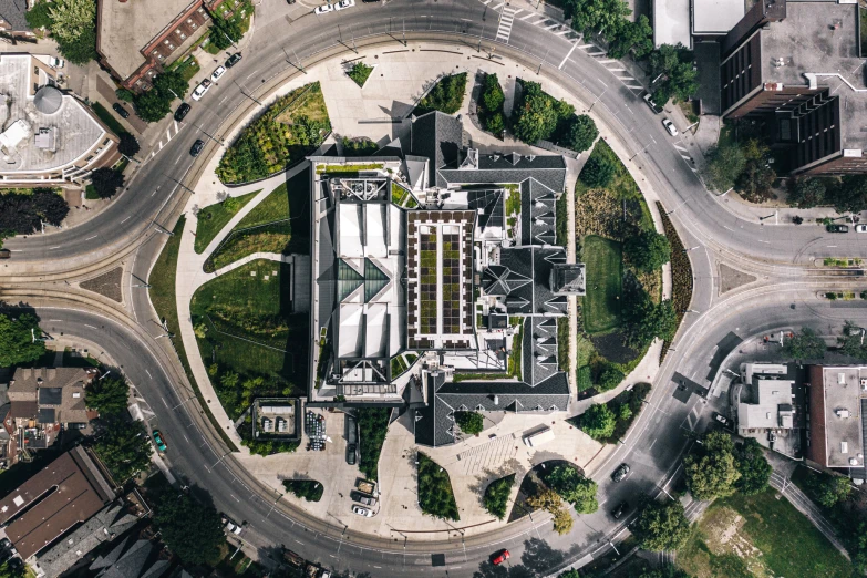 an aerial view of an intersection in the city