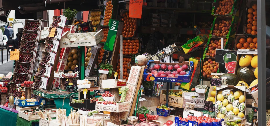 many fresh fruit are in a store window