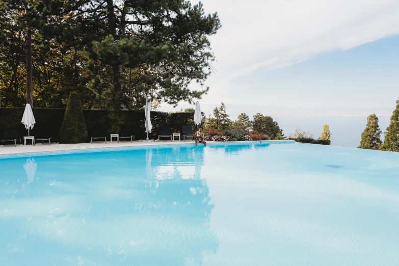 an empty pool next to trees in the day