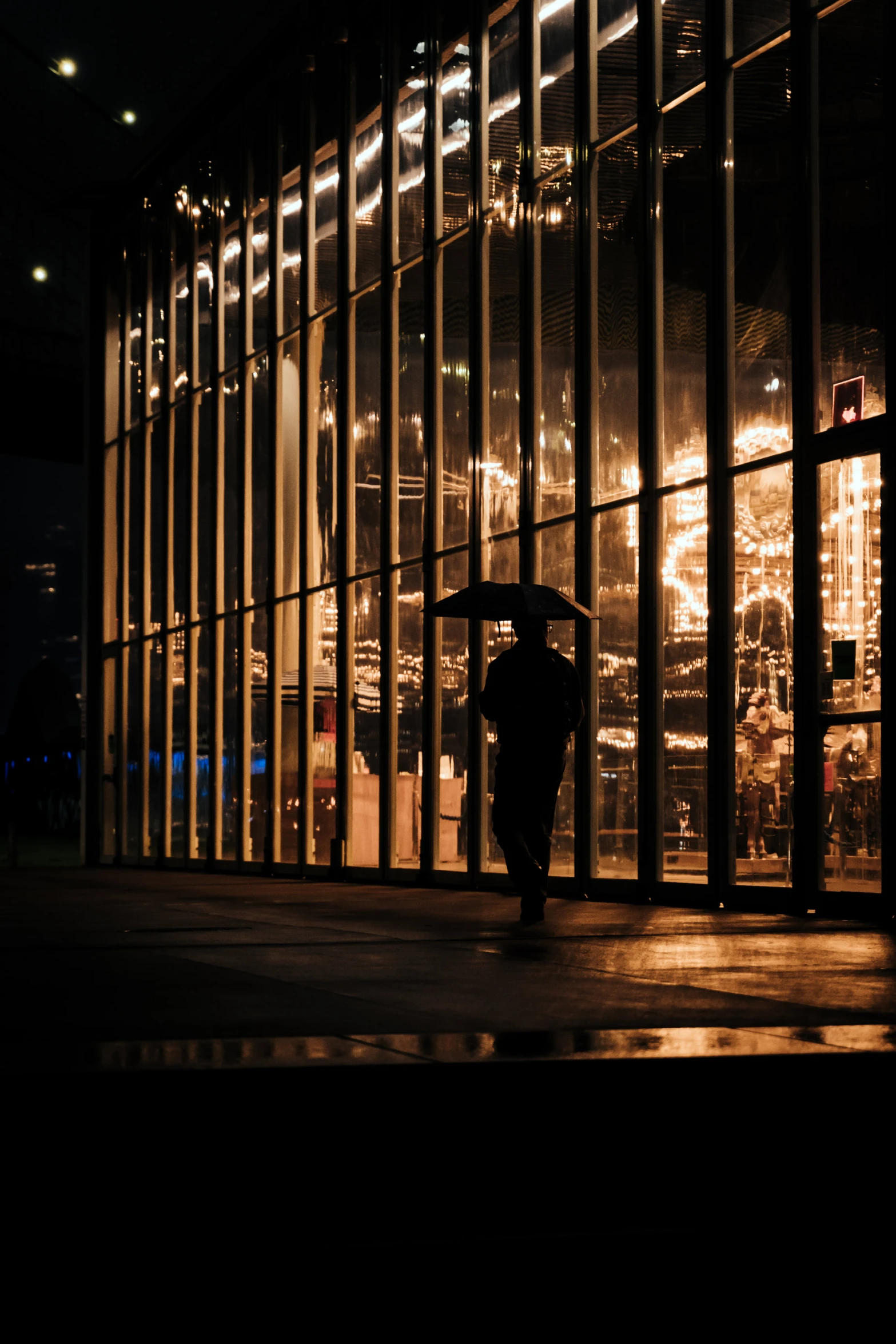 a person standing by the building at night with an umbrella