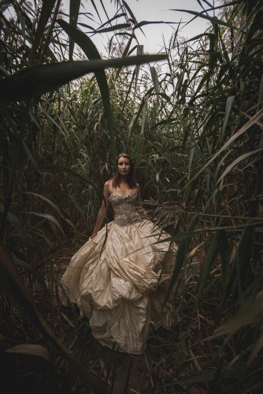 woman in dress walking through tall grass on dirt path