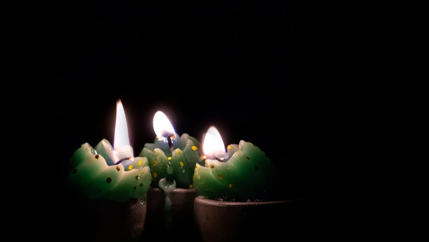 small candles lit next to a cactus in vases