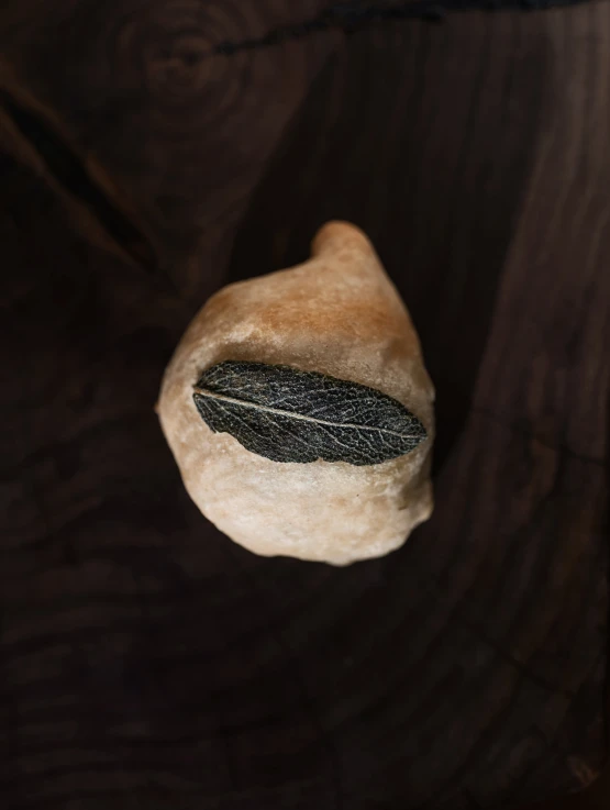 a piece of bread with a single leaf on it