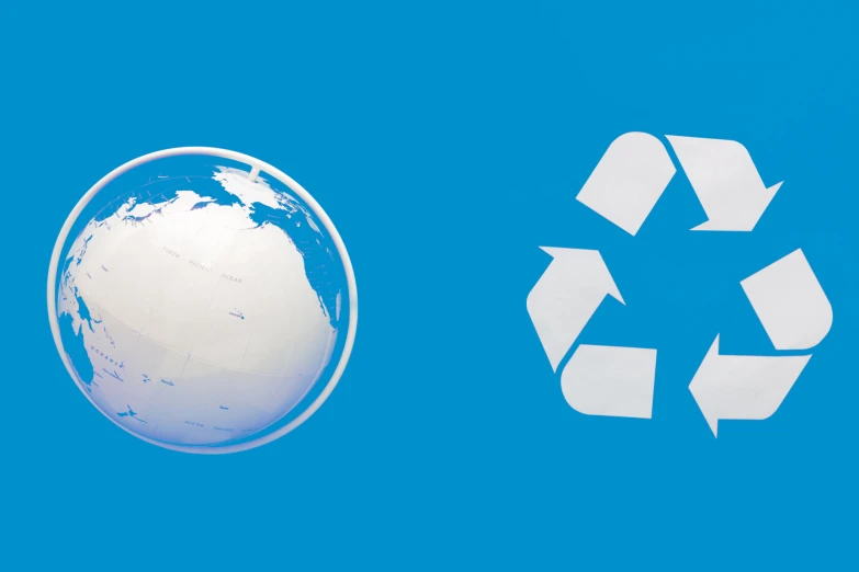 a blue background with recycling and a white globe