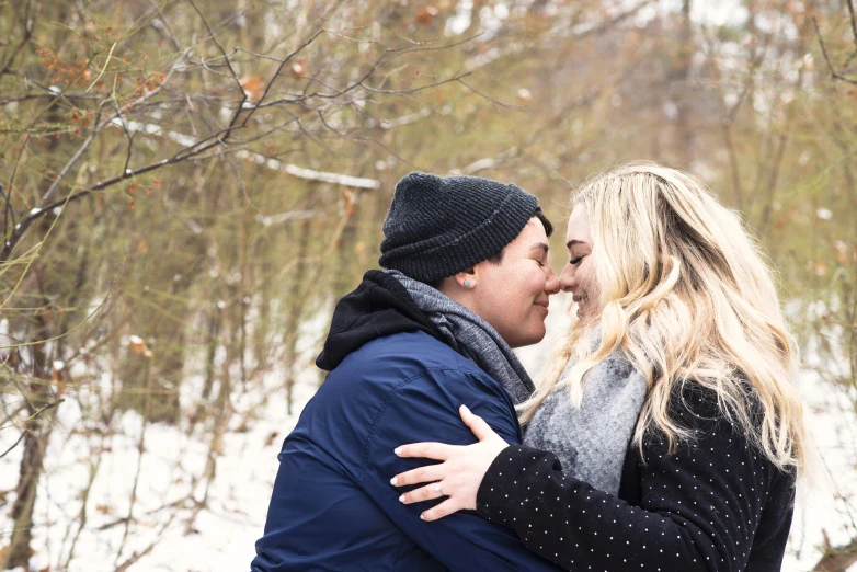 a couple in the snow holding each other