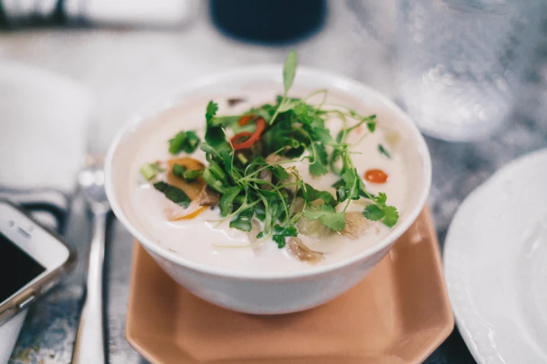 white soup with vegetables in a bowl sitting on a plate