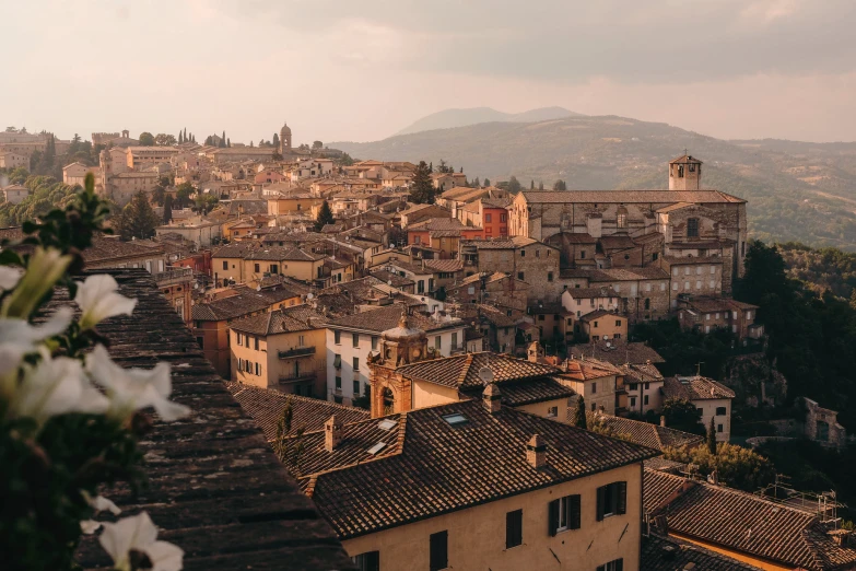 a view from a high vantage looking at the roofs and hills