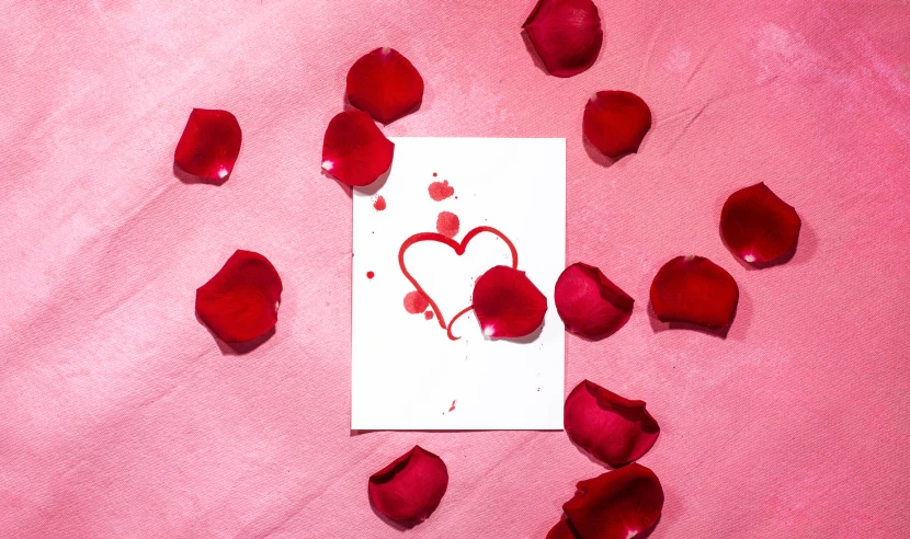 rose petals are scattered on the paper and a piece of white paper