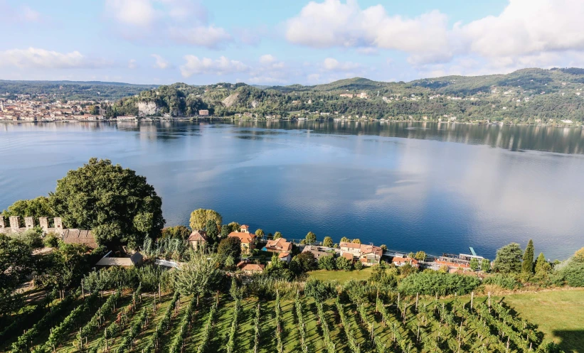 the view over a large lake and a city on the hill in the distance