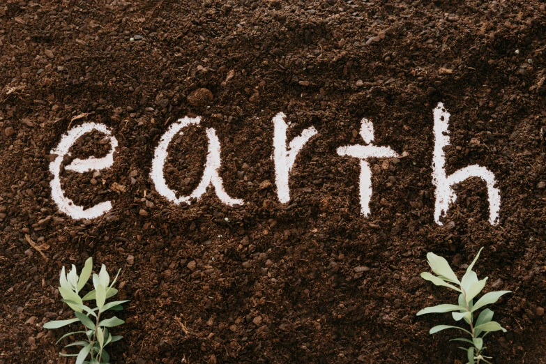 the word earth is written in white powder on a soil surface