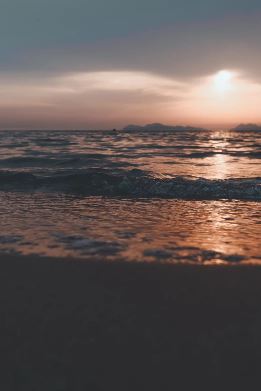 a bird flying over the ocean at sunset