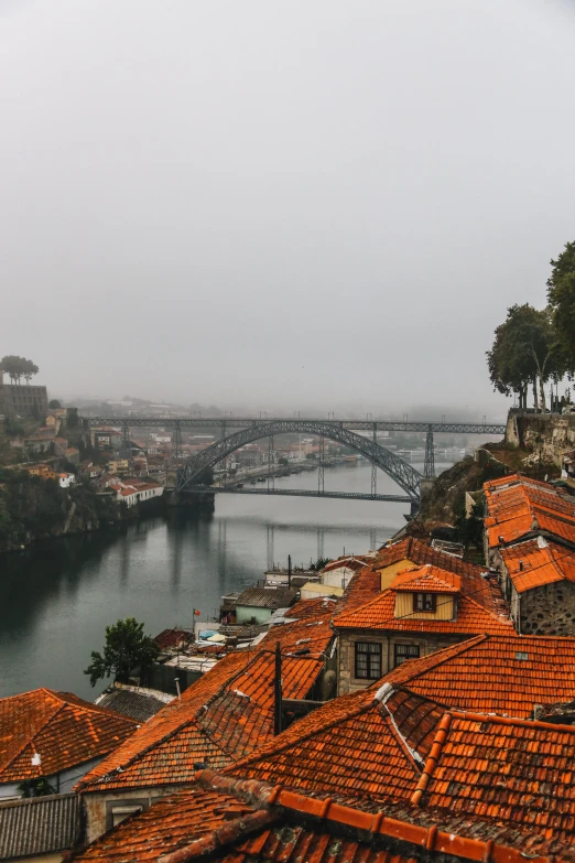 the red roofs and a bridge with a few bridges