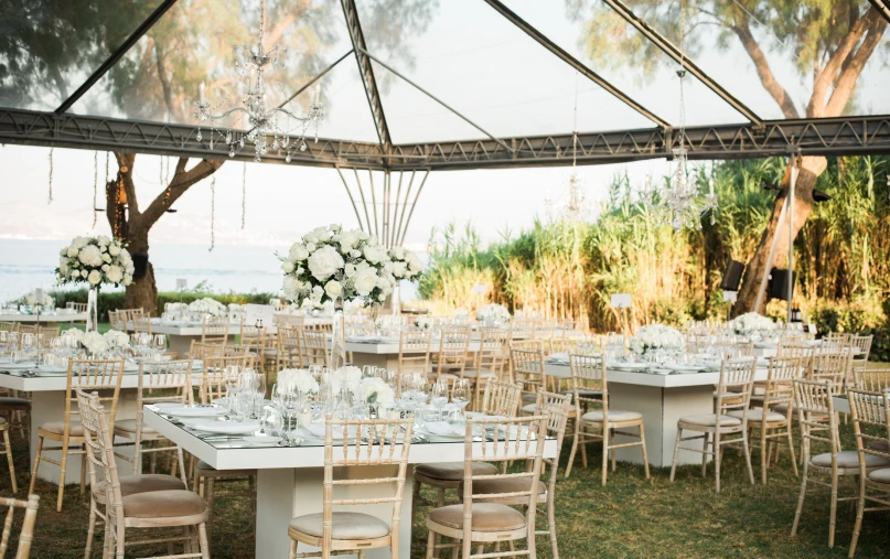 the wedding reception was setup on an almost deserted field