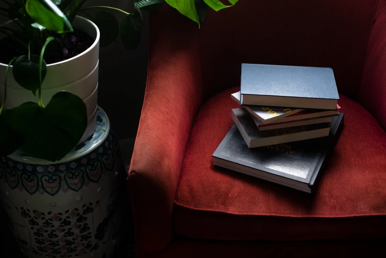 a stack of books on a red chair next to a plant