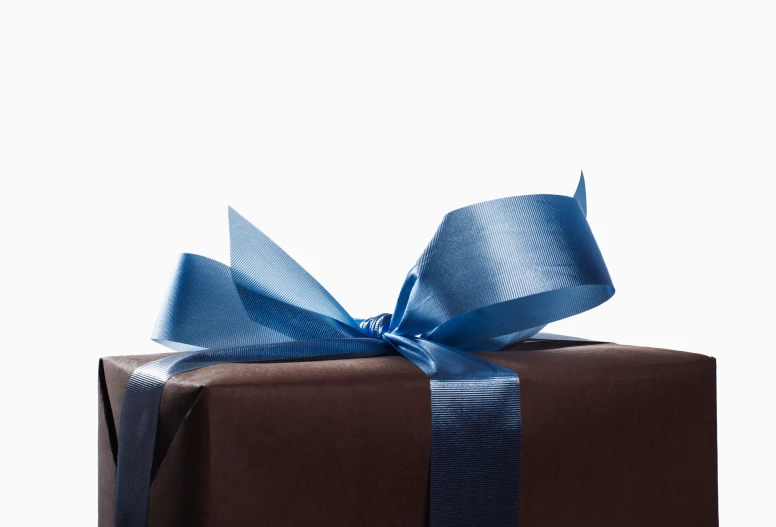 an open brown gift box with blue ribbon