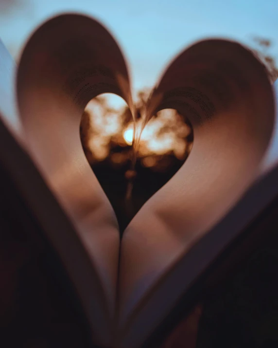 two heart shaped pages folded over each other with the light from inside it