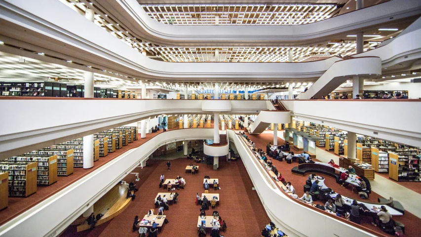 view of a liry with large bookshelves full of people