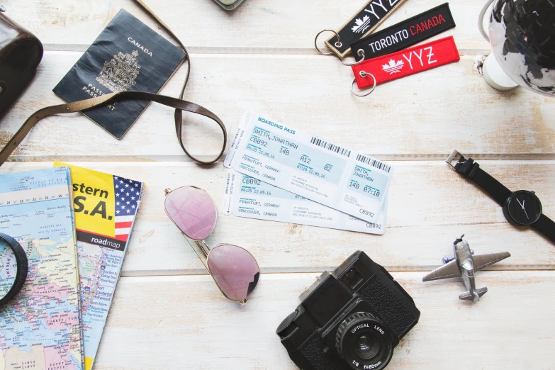 a table with different types of tourist related items