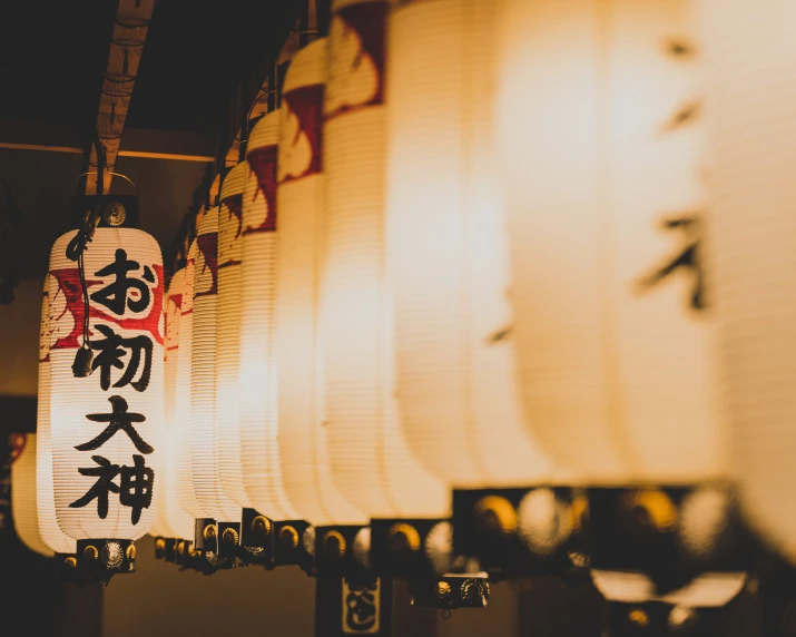 lit up hanging lanterns in a japanese room