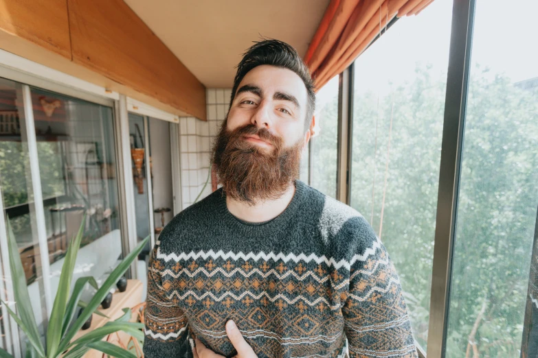 a man with a beard and mustache posing in front of a window