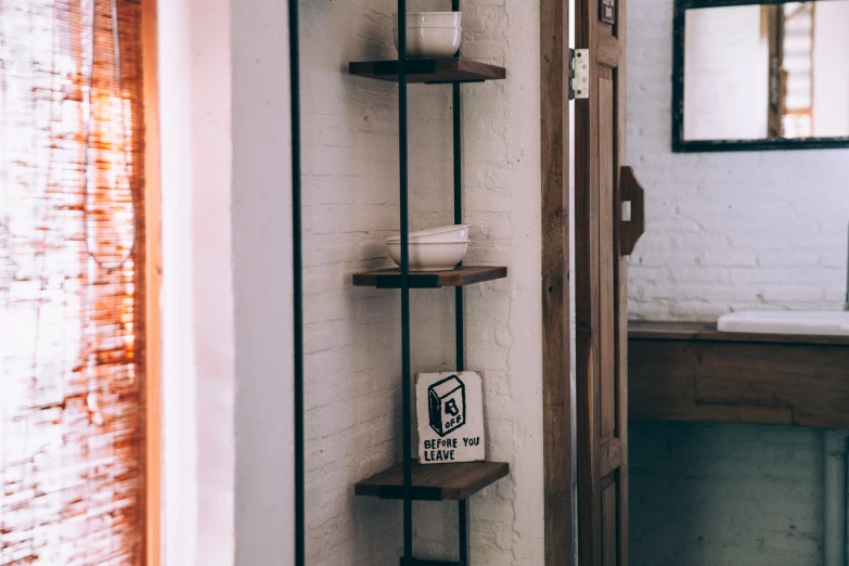 a wall of shelving in an open room