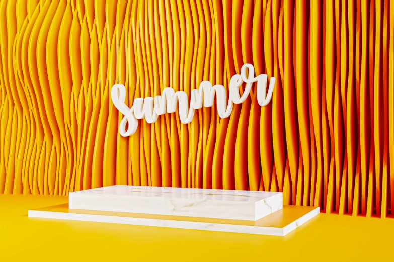 a white box stands beside a paper display of orange slats