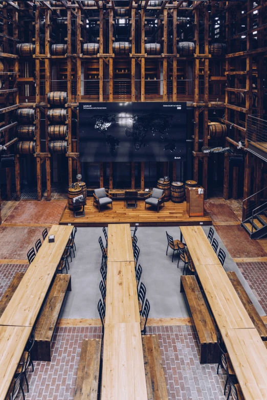 tables and benches sit in the middle of a warehouse