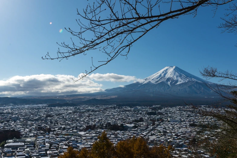 an elevated view of a snowy mountain and some trees